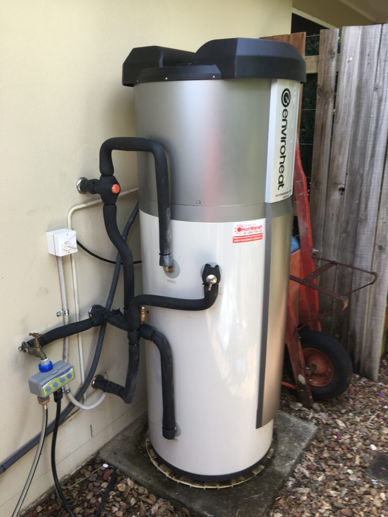 Outdoor heat pump hot water system fitted at a residence in Brisbane by Brisbane Hot Water Heaters
