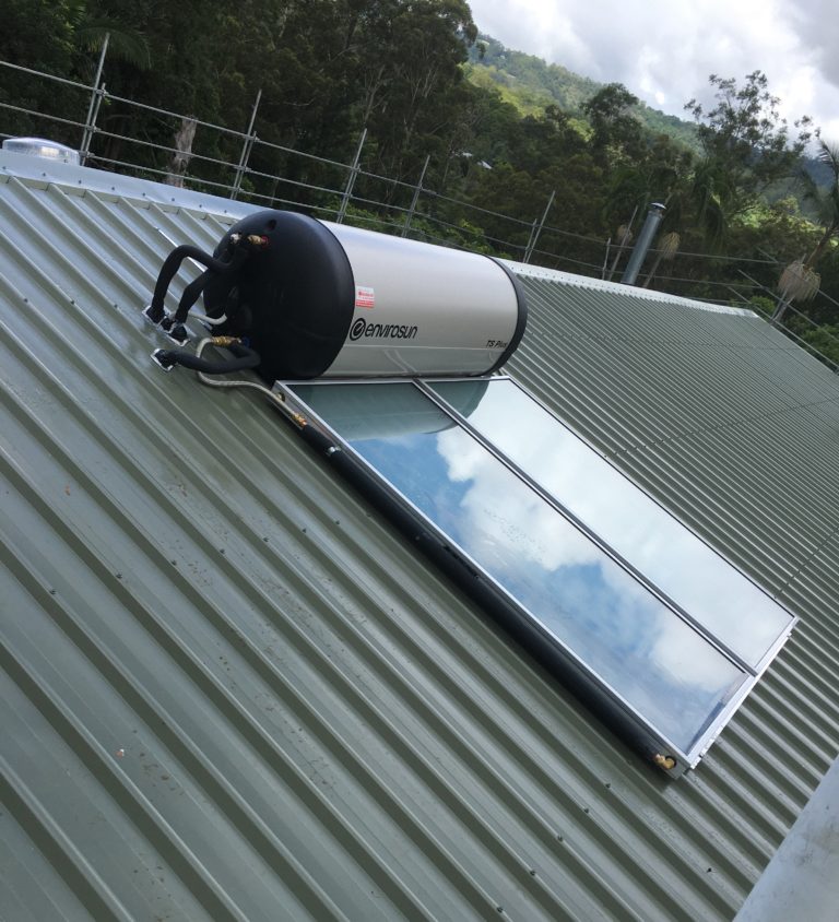Solar hot water system fitted to a corrugated metal roof in Brisbane