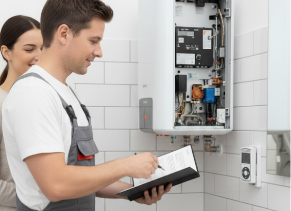 Technician working on a wall-mounted hot water system in a Brisbane home