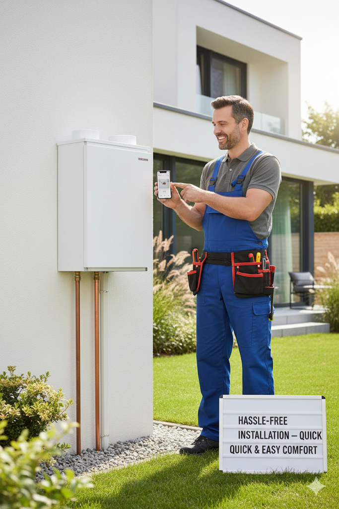 A technician fits an outdoor hot water system at a Brisbane property, using a smartphone to verify the system settings.