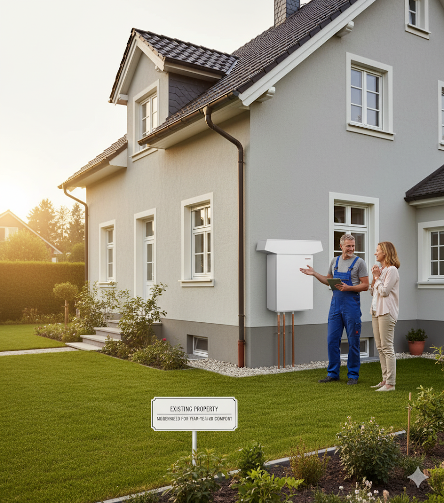 Technician outlining an outdoor hot water system installation at a Brisbane residence.