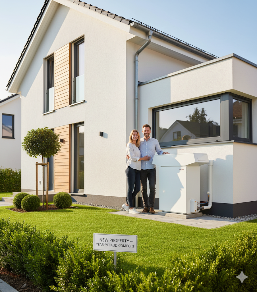 Couple standing next to an outdoor hot water system at a new Brisbane home